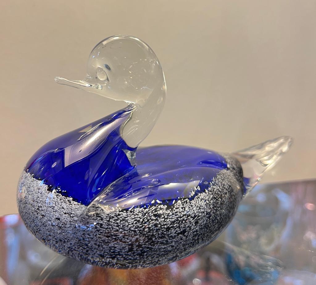 Glazen beeldje: eend, blauw / zilver, Ophalen of Verzenden