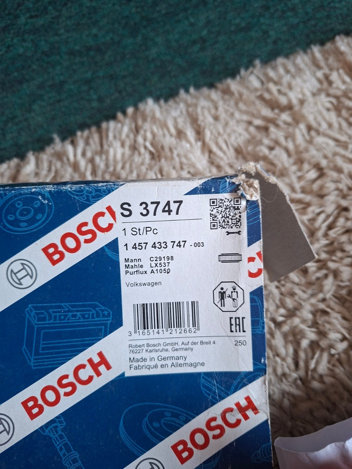 Bosch S 3747 Luchtfilter voor Volkswagen, Ophalen of Verzenden