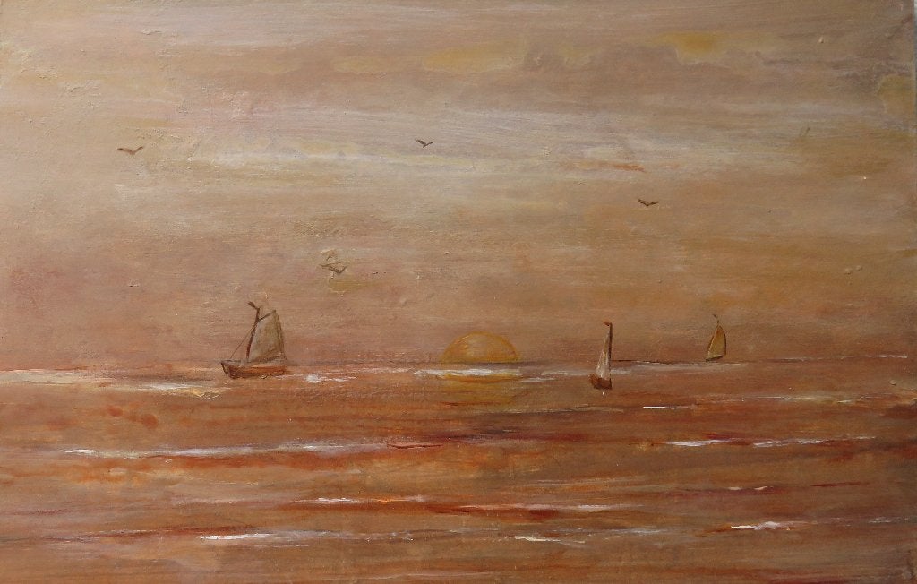 schilderij Zee met bootjes 30x20cm, Antiek en Kunst, Ophalen of Verzenden