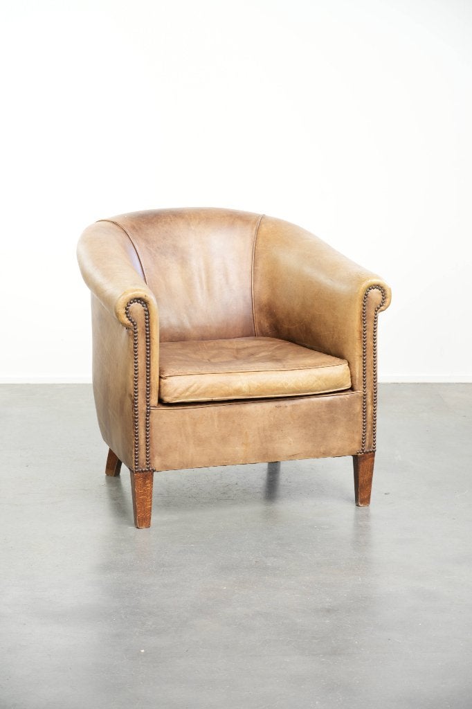 Karaktervolle vintage rundleren clubfauteuil Engelse stijl, Ophalen