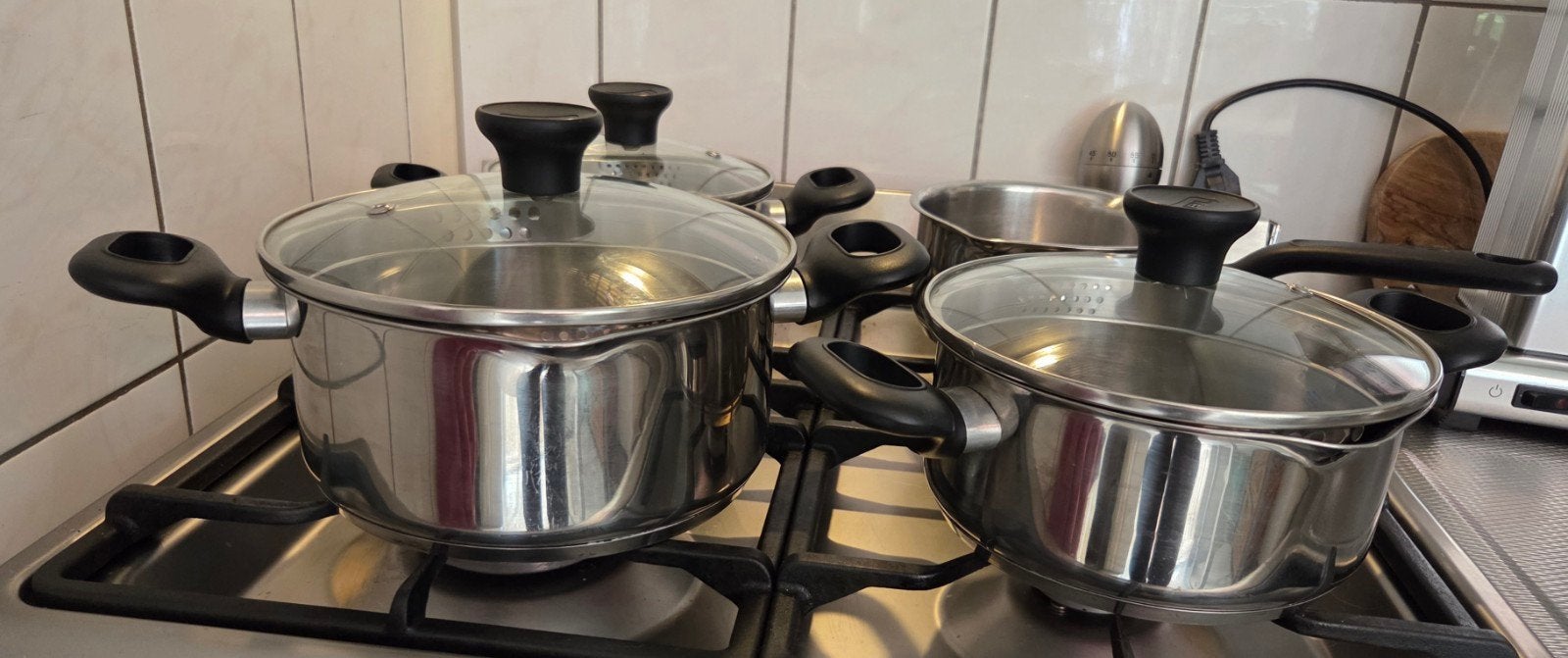 Tefal 7-delige pannenset met glazen deksels, Huis en Inrichting, Tefal, Pannenset, Zo goed als nieuw, Rvs
