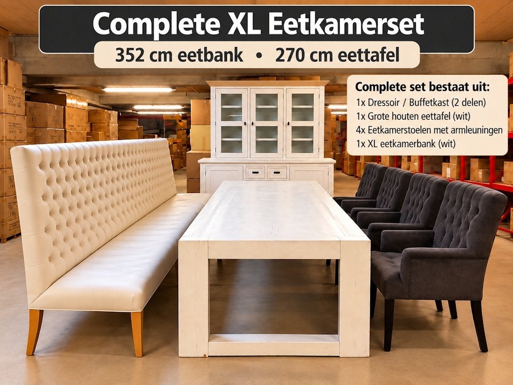 Foto 2 van Complete XL Eetkamerset: Tafel, Bank, Buffetkast & 4 Stoelen