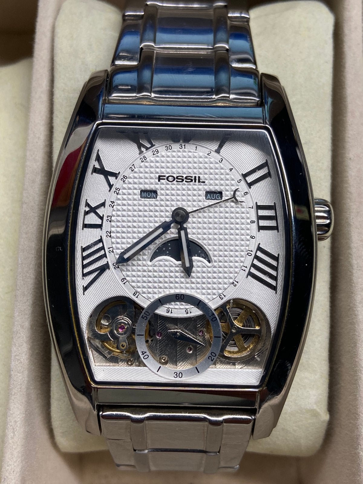 Bijzonder en zeldzaam Fossil Twist Arkitekt Moonphase ME1013, Ophalen of Verzenden, Staal, Polshorloge, 1960 of later