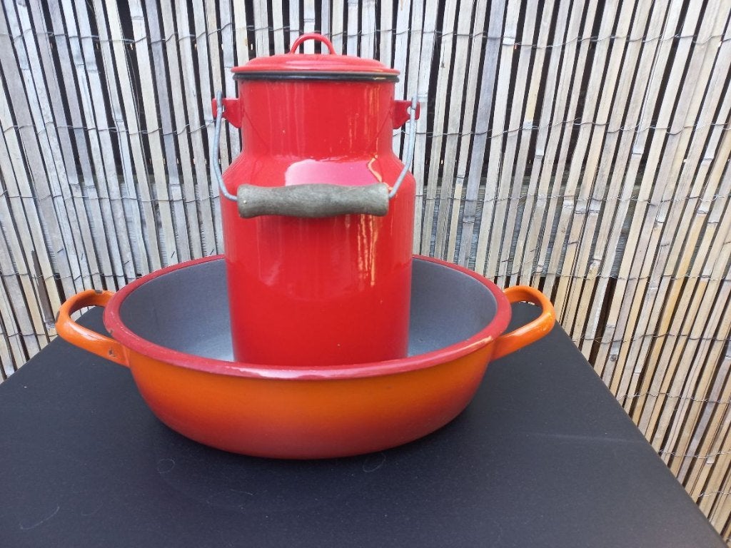 geëmailleerd setje melkemmer en ovale pan, Antiek en Kunst, Ophalen of Verzenden