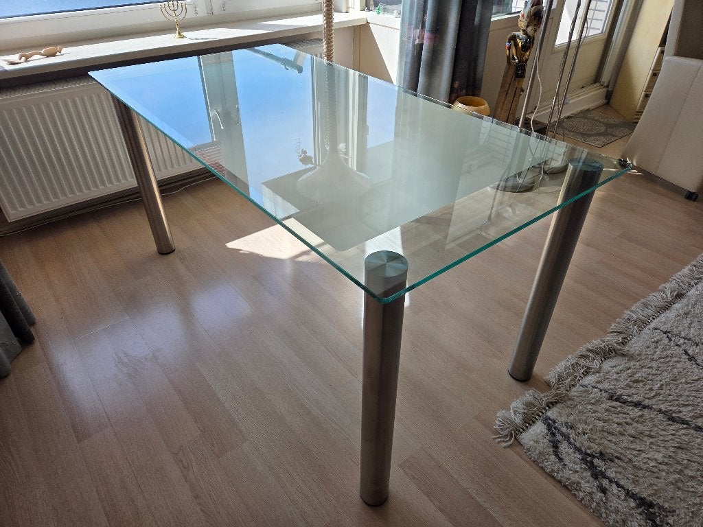 Glazen eettafel en evt. vierkante salontafel, Ophalen, Gebruikt, Glas, 50 tot 100 cm