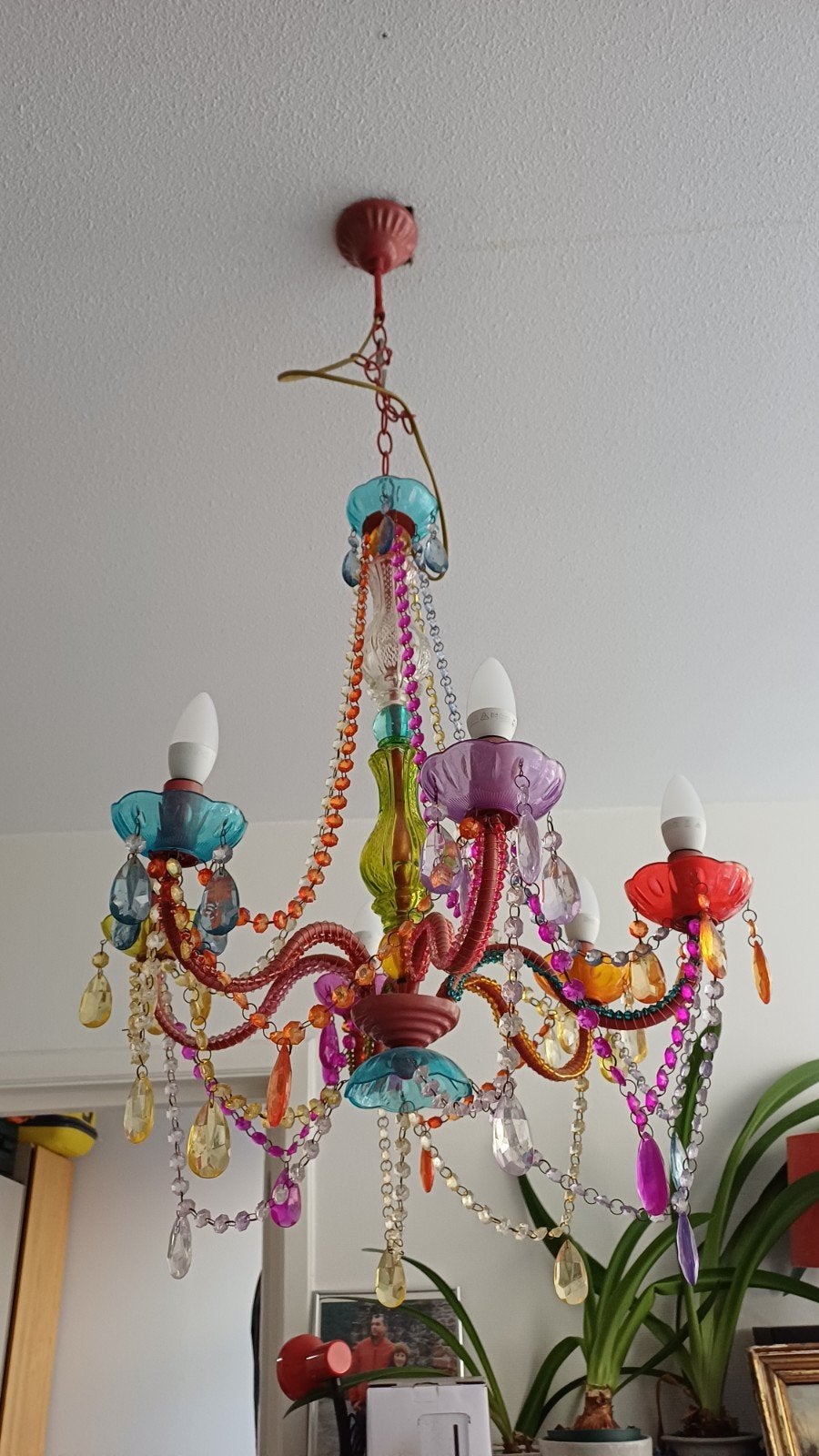 veelkleurige kroonluchter, 6 armen, Ophalen, Kunststof, Gebruikt, E14 (klein)