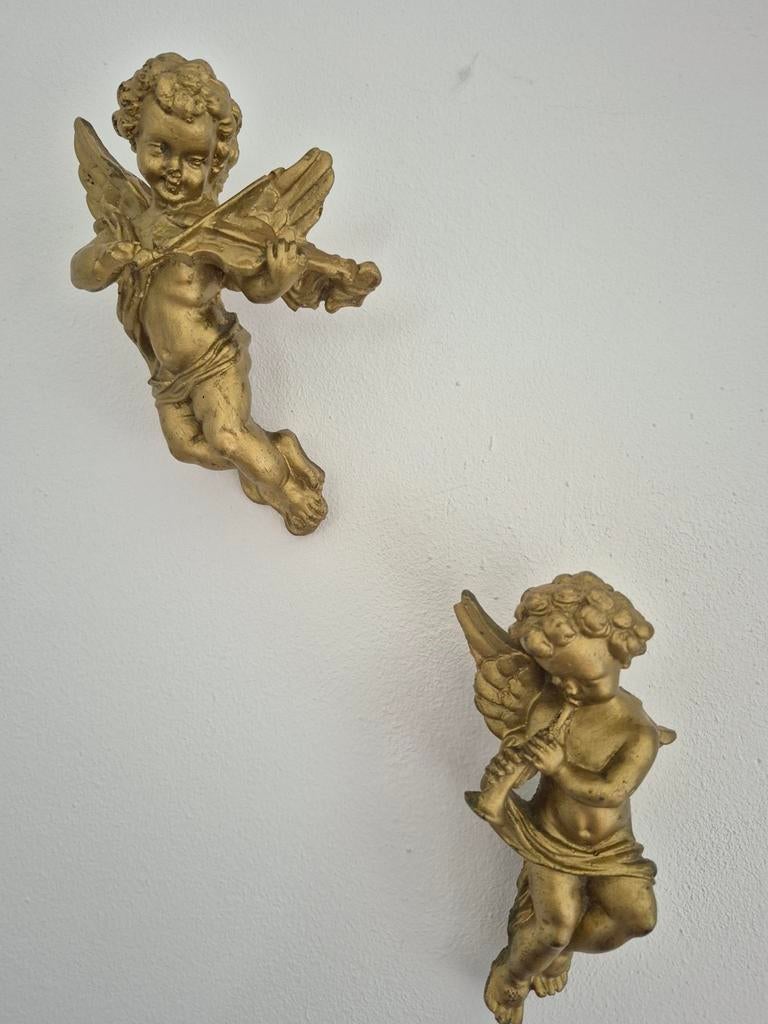 2 Goudkleurige Gipsen Engeltjes voor aan de Muur, Antiek en Kunst, Ophalen of Verzenden