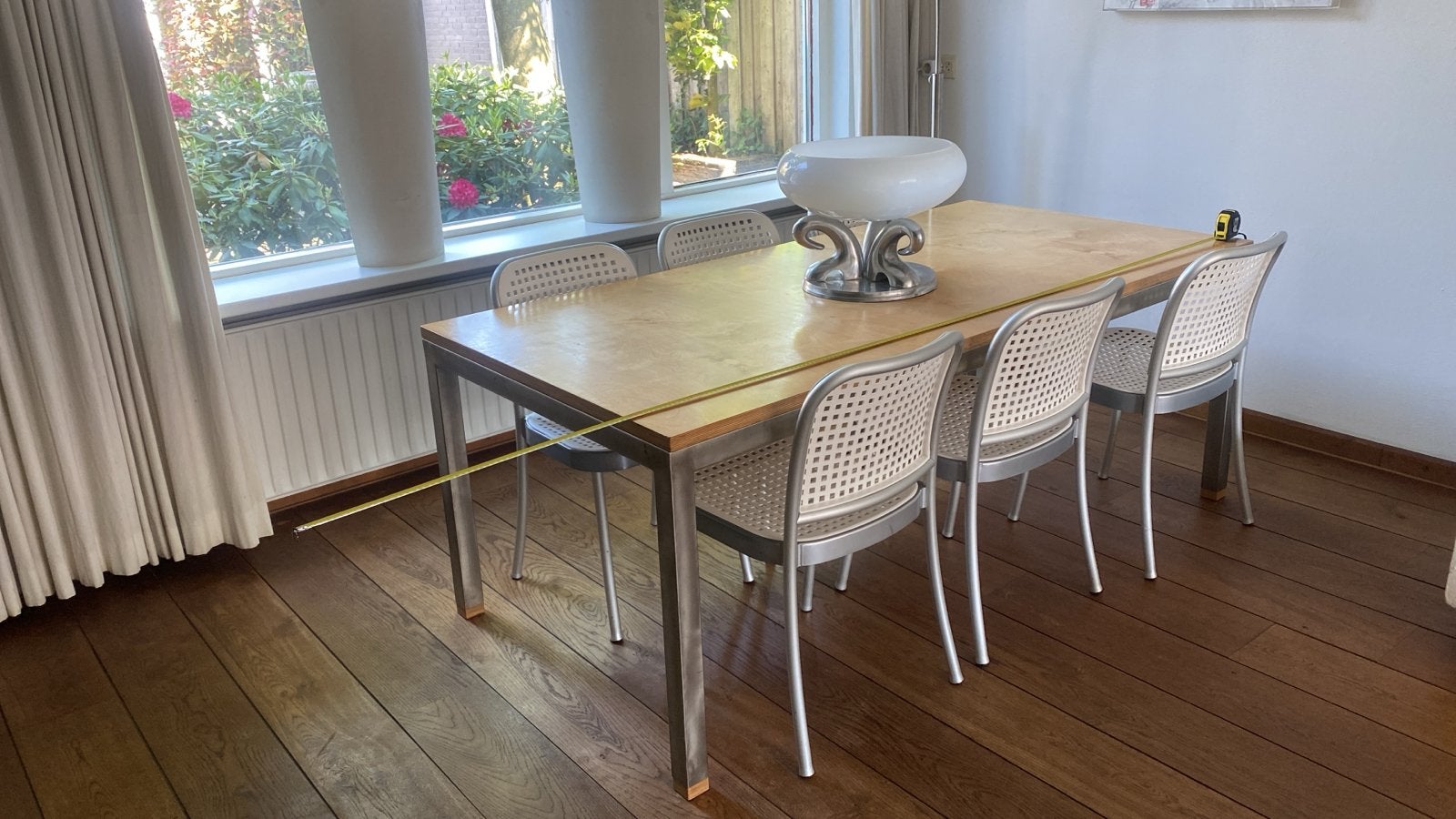 Eetkamertafel - stijl Topform - berkenmultiplex & RVS, Ophalen, Gebruikt, Modern, tijdloos, 50 tot 100 cm