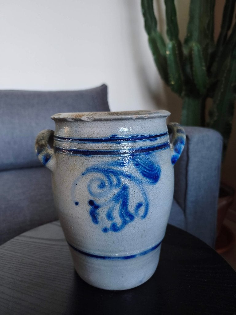 Antieke zoutpot van aardewerk met blauw decor, Ophalen of Verzenden