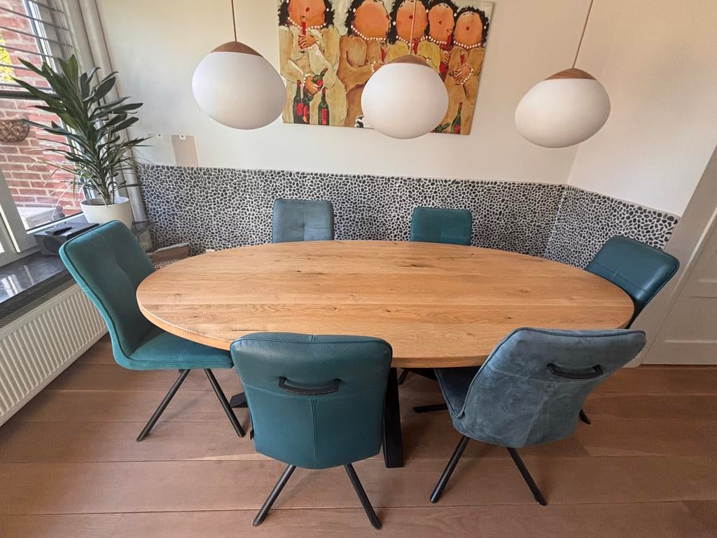 Eikenhouten ovale eettafel +6 stoelen, Huis en Inrichting, Tafels | Eettafels, Zo goed als nieuw, 100 tot 150 cm, 200 cm of meer