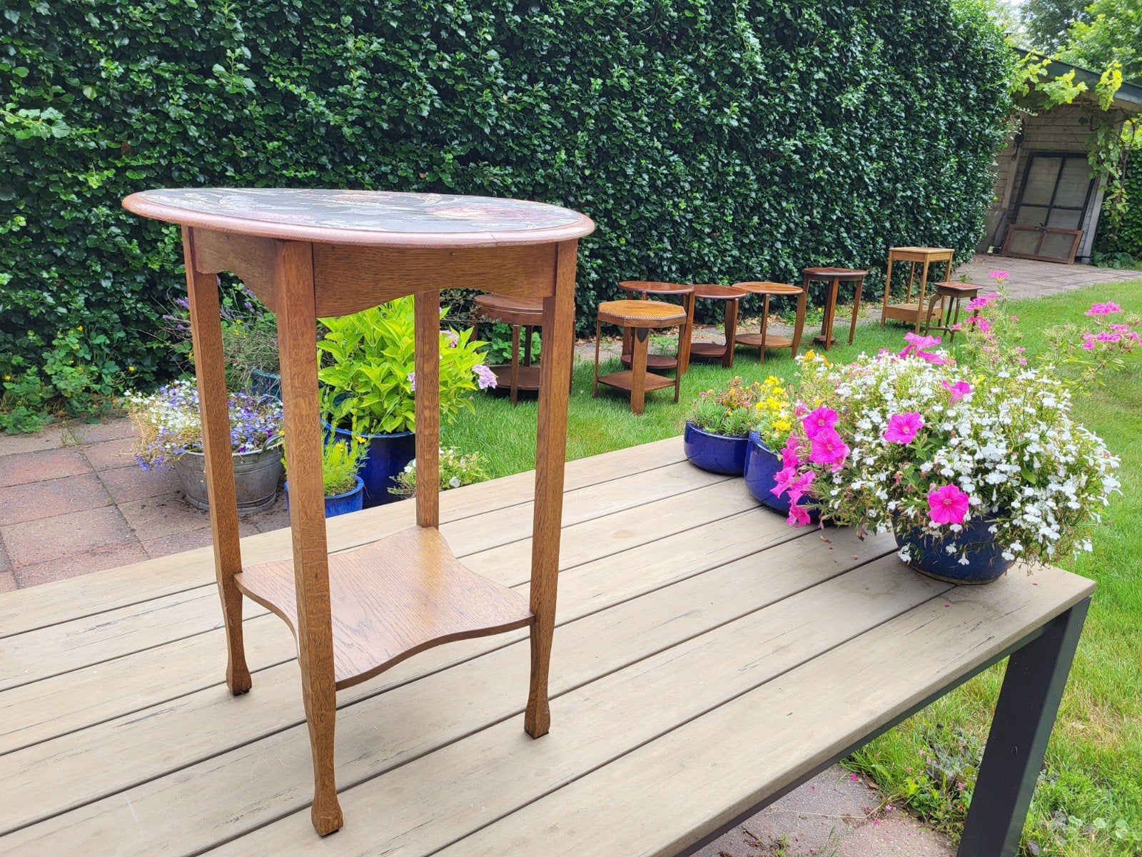 Plantentafel, rond met bloemen, Art Deco, eiken, Ophalen