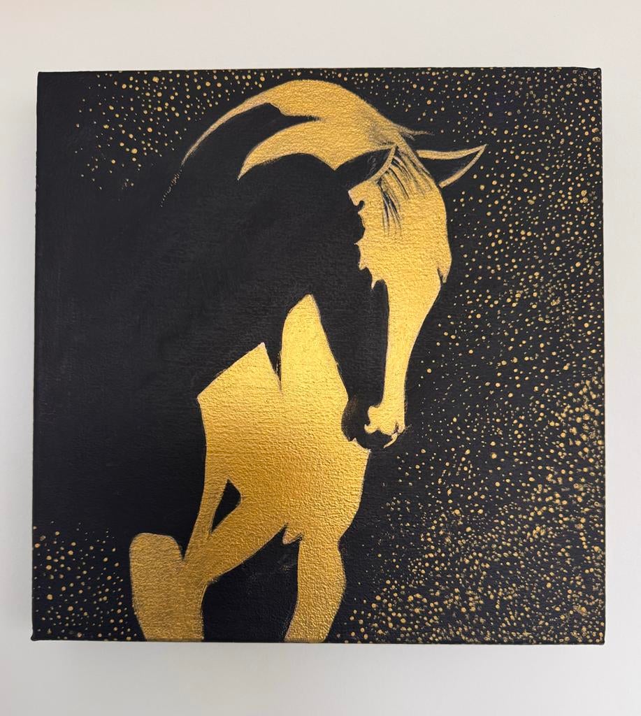 Acrylschilderij: Gouden Paard op Zwarte Achtergrond, Antiek en Kunst, Kunst | Schilderijen | Modern, Ophalen of Verzenden