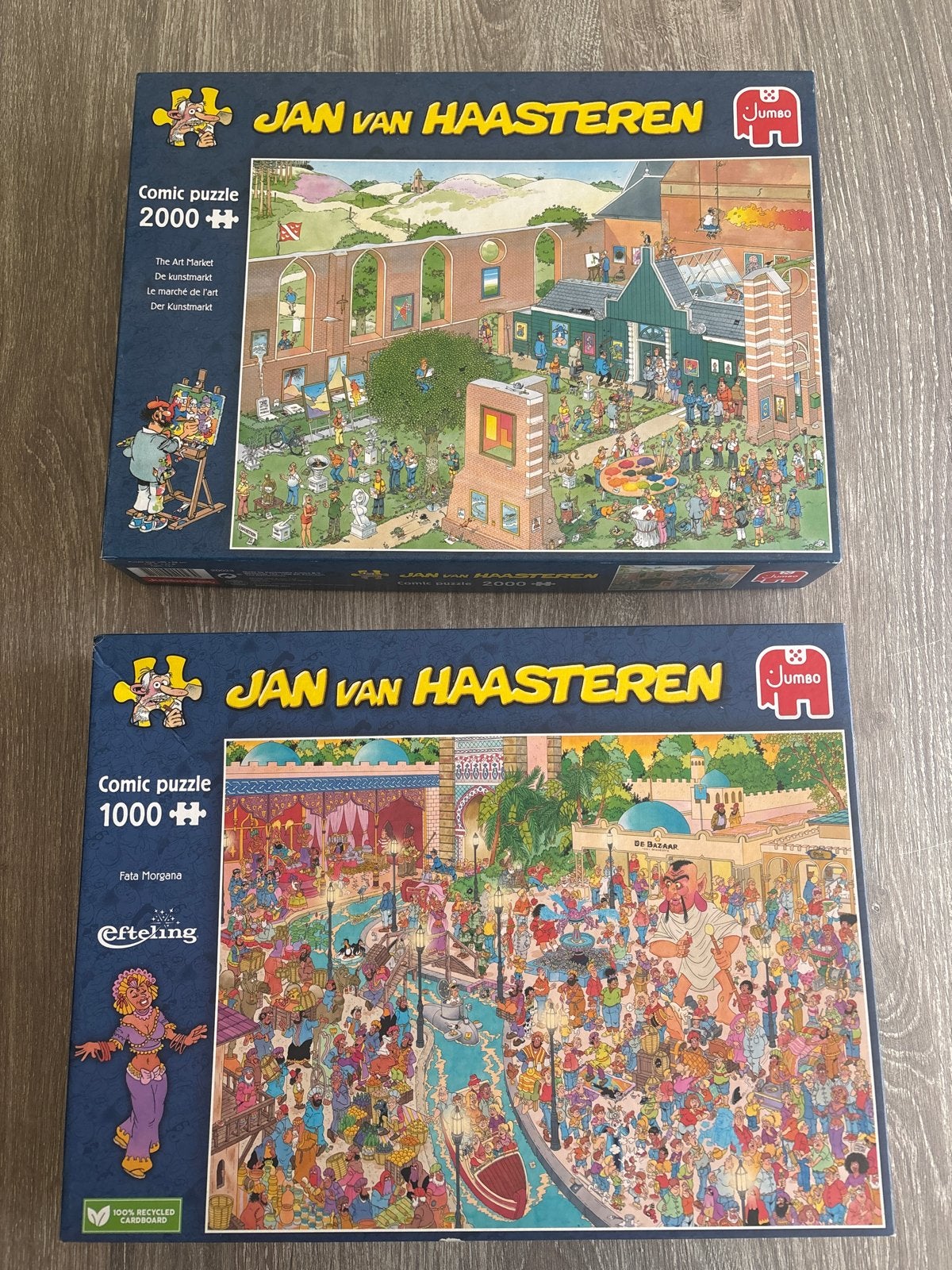 Jan van Haasteren puzzels: De Kunstmarkt (2000) & Fata Morga, Ophalen, 500 t/m 1500 stukjes, Zo goed als nieuw, Legpuzzel
