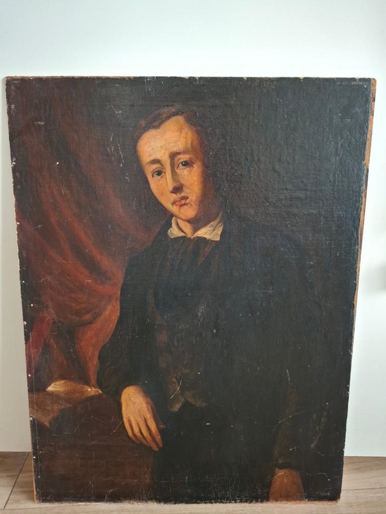 Antiek Portret Schilderij Jonge Man Olieverf op Paneel, Ophalen