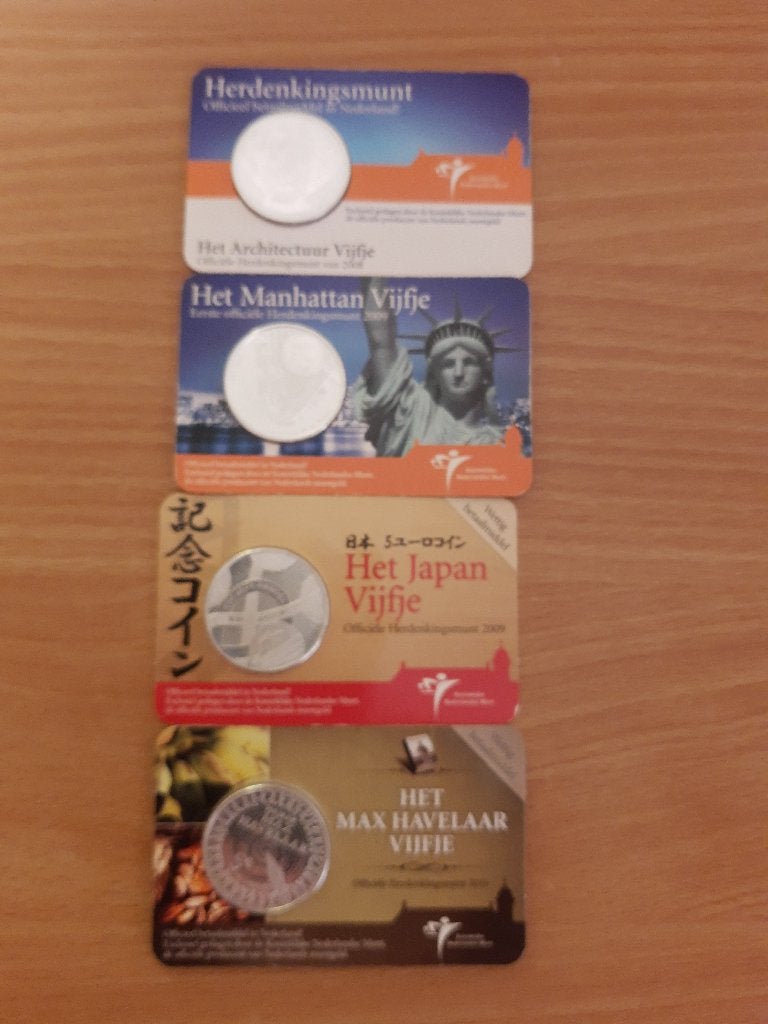 4 Herdenkingsmunten zwaar verzilverd van € 5,-, Verzenden, Koningin Beatrix, Zilver, Euro's
