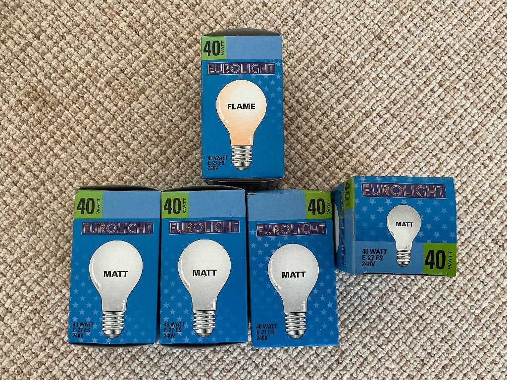 5x Eurolight gloeilamp 40w 4x matt, 1x flame, 30 tot 60 watt, Gloeilamp, Nieuw, E27 (groot)