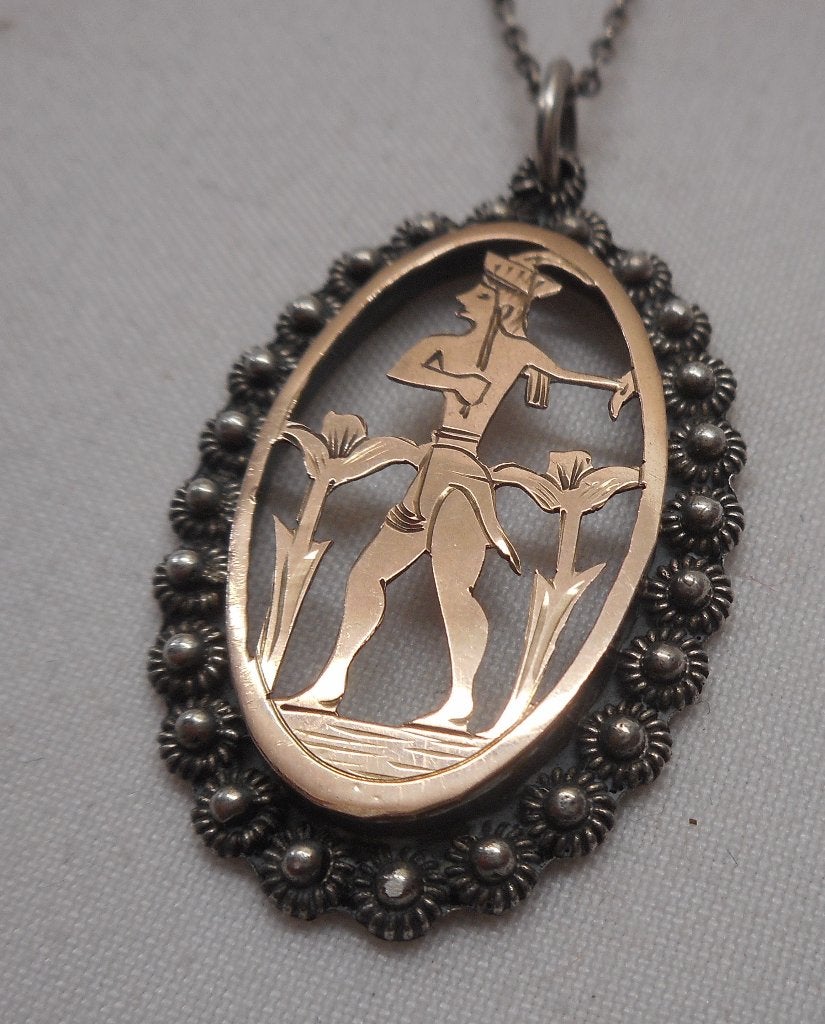 Zilveren ketting met antieke hanger met goud nr.1541, Sieraden, Tassen en Uiterlijk, Antieke sieraden, Verzenden, Zilver, Ketting