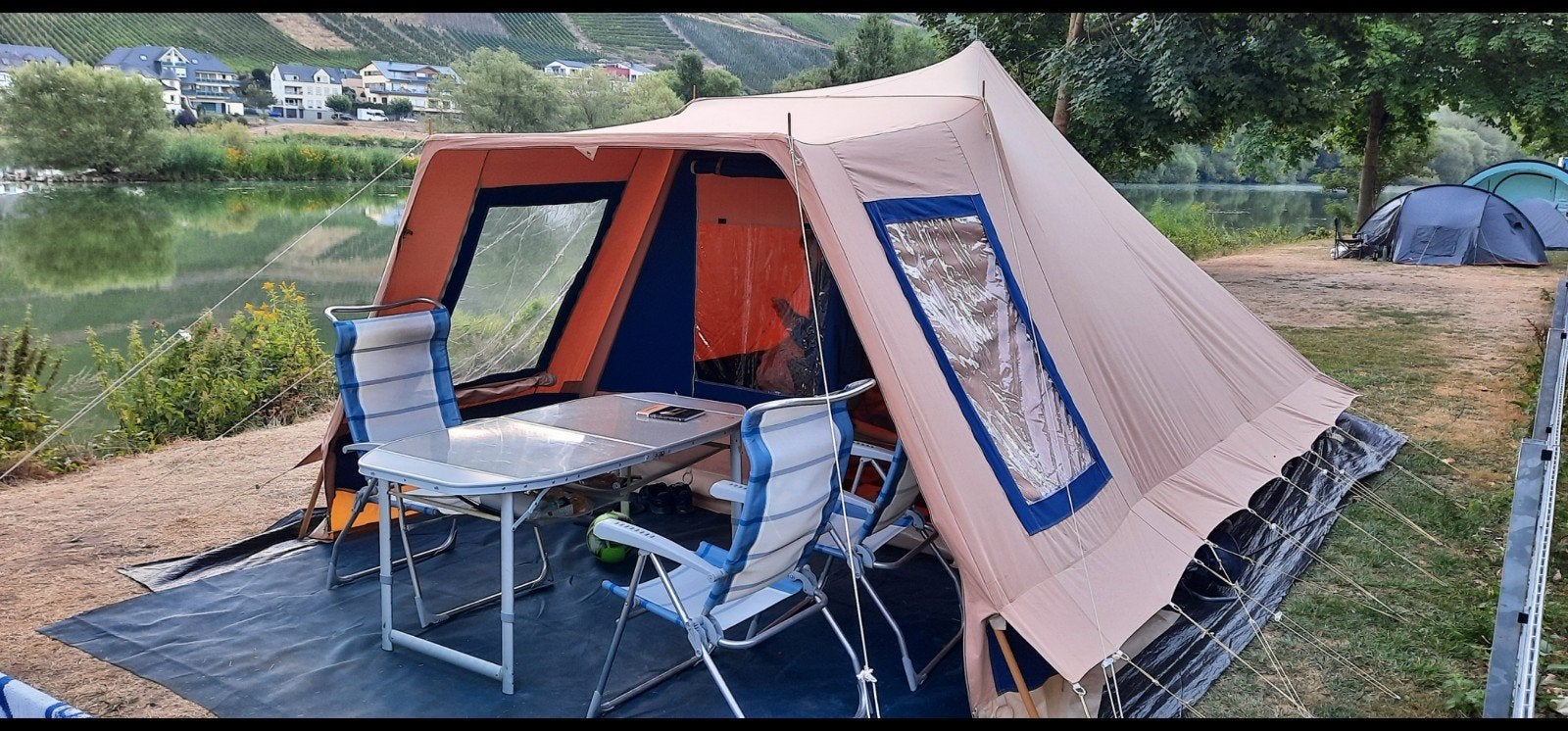 Vrijbuiter Stormvogel 4 tent TenCate 100% Katoen Beige Blauw, Caravans en Kamperen, Tenten, Ophalen, Zo goed als nieuw, Tot en met 4