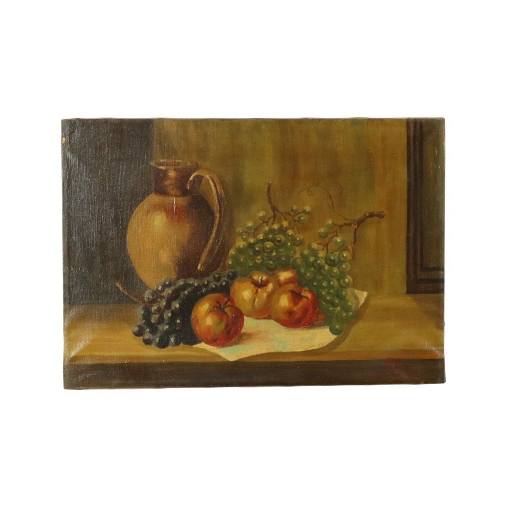 Stilleven Fruit met een Kruik Olieverf op Doek Schilderij Ge, Ophalen of Verzenden, Klassiek, Stilleven, Doek