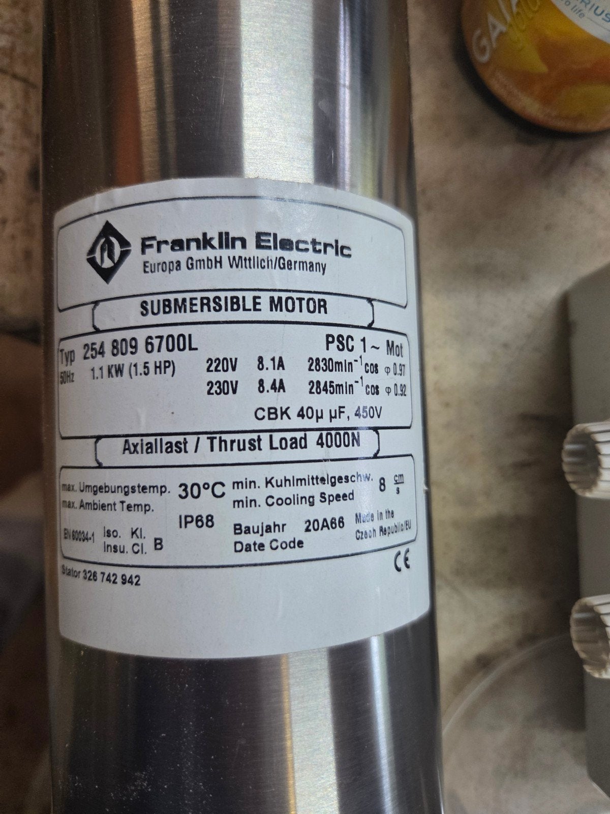 Ebara Dompelpomp 1.1kW met Franklin Electric Motor, Ophalen