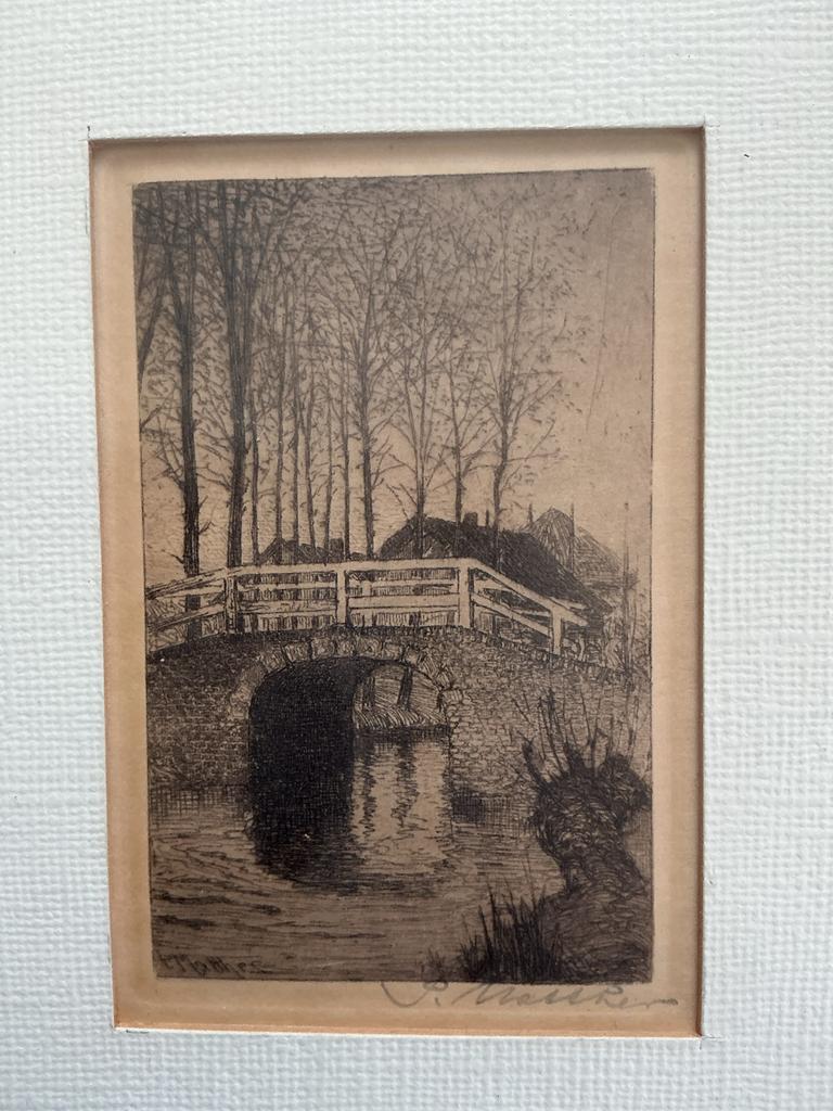 P. Matthes - Gesigneerde Litho van een brug met bomen, Ingelijst, Ophalen of Verzenden, Landschap, Lithografie
