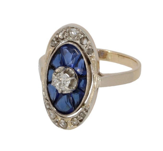 Art Deco diamant saffier 14k ring goud uniek dames antiek, Ophalen of Verzenden, Goud, Ring, Met edelsteen