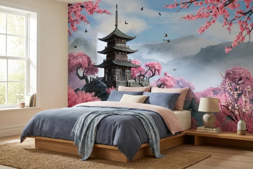 Bloesem behang woonkamer – Japanse pagode op maat, Bloemen, 75 m² of meer, Ophalen of Verzenden, Fotobehang