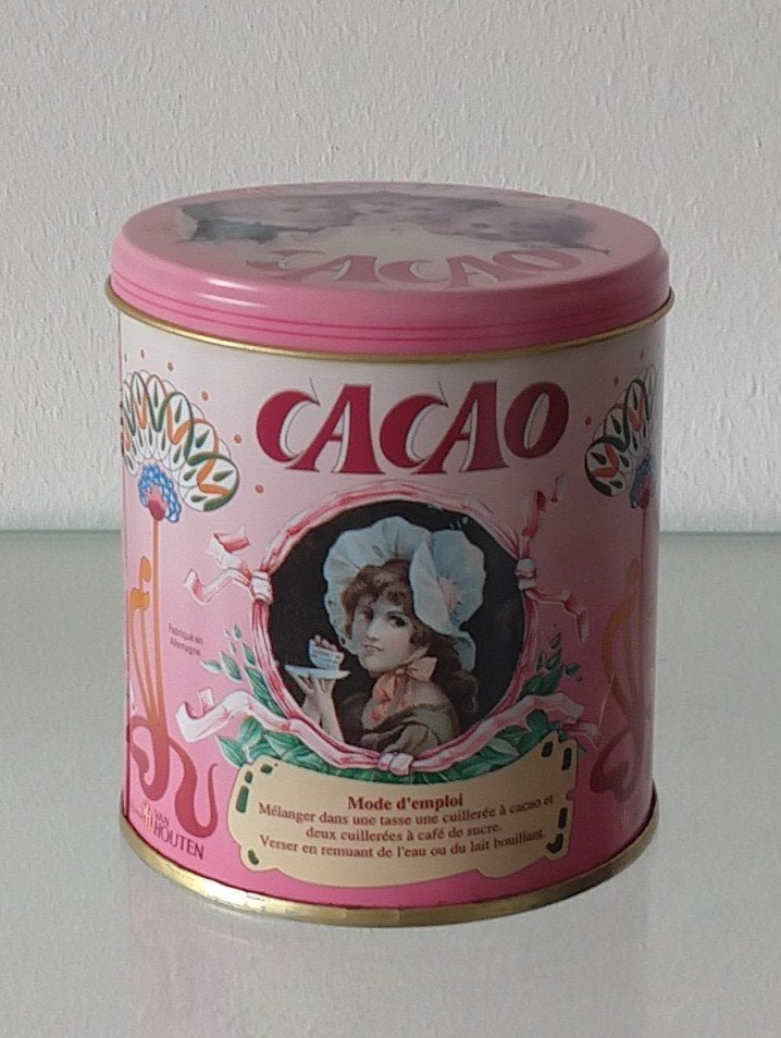 blik ; v Houten cacao blik, volgnr 18, Ophalen of Verzenden, Gebruikt, Overige, Overige merken