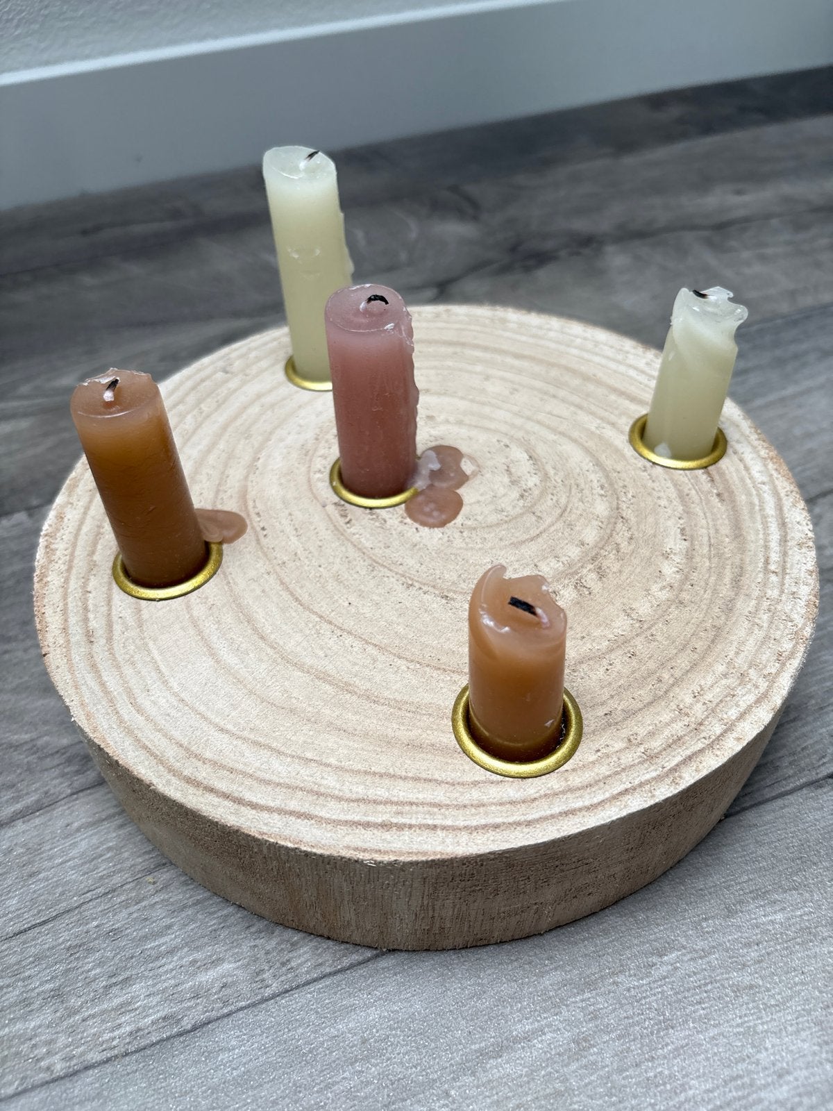 Houten kandelaar met 5 kaarsen - Rustieke stijl, Gebruikt, Meerkleurig, Ophalen of Verzenden, Kandelaar