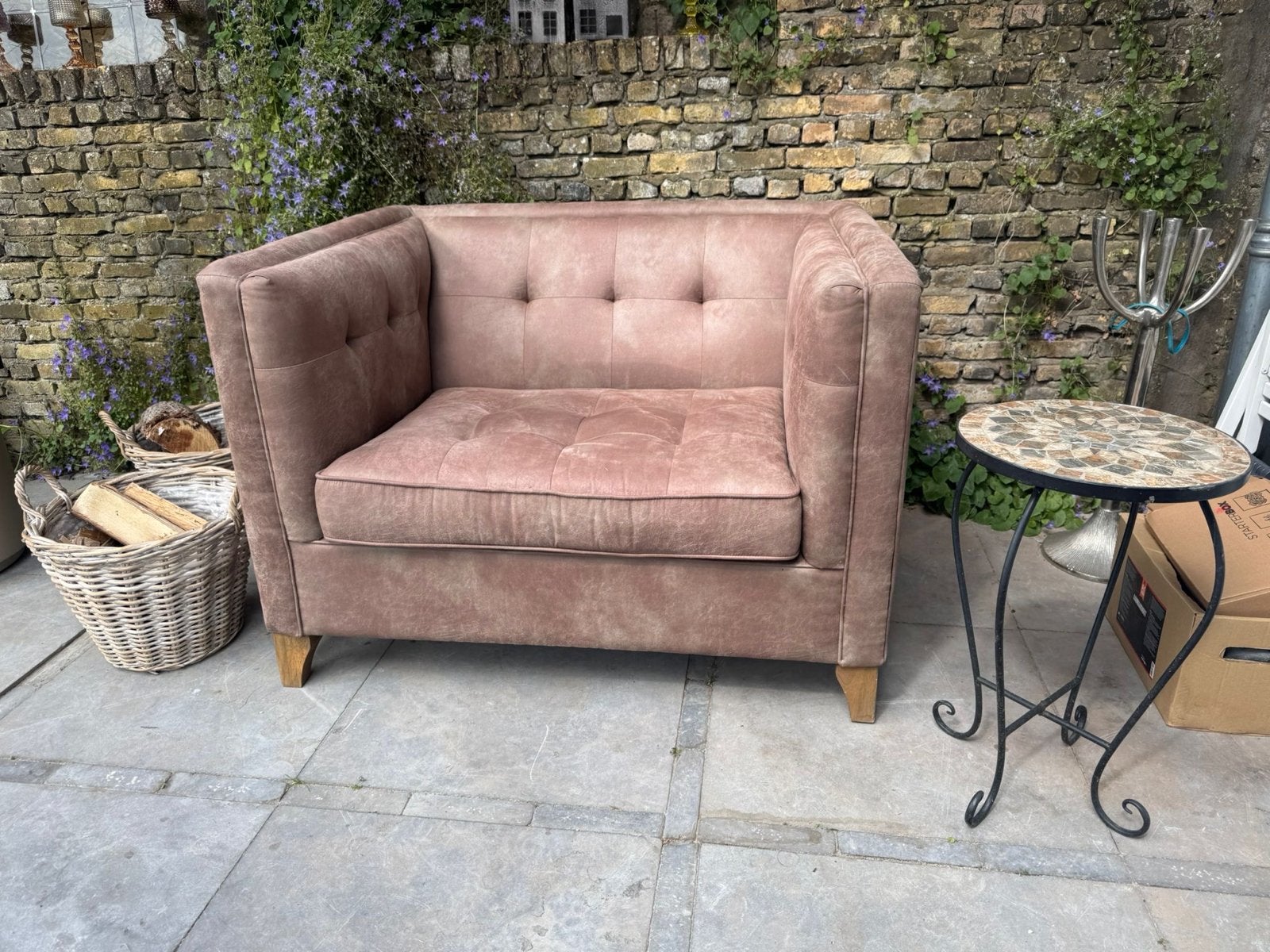Riviera Maison Loveseat Fauteuil Leer - Zeer nette staat, Ophalen, Zo goed als nieuw, 100 tot 125 cm, Leer