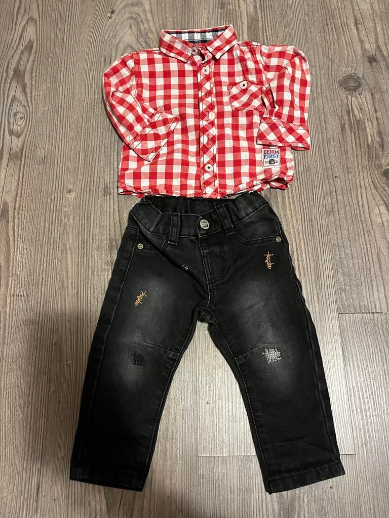 Stoer setje maat 74: Geruit overhemd en zwarte jeans, Ophalen of Verzenden, Zo goed als nieuw, Jongetje, Setje