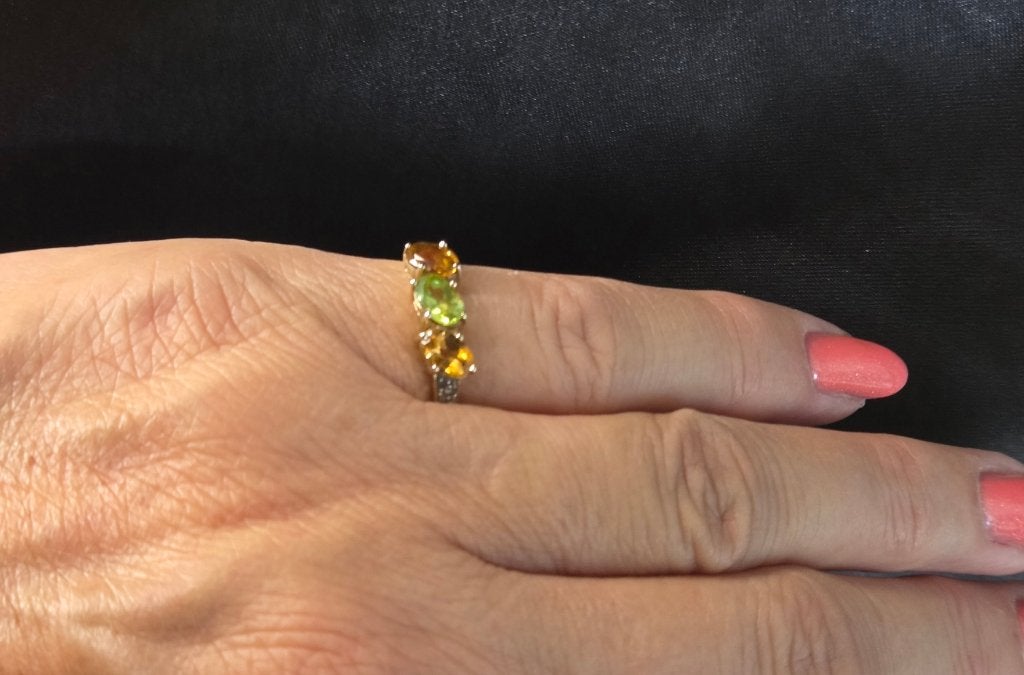 Gouden Vintage ring citrien en peridot en diamant. 2026/650, Ophalen of Verzenden, Goud, Ring, Met edelsteen