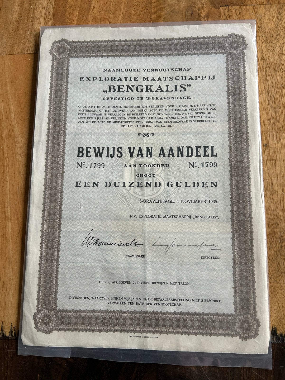 Oud aandeel Bengkalis Exploratie Maatschappij 1935, Ophalen of Verzenden, 1920 tot 1950, Aandeel
