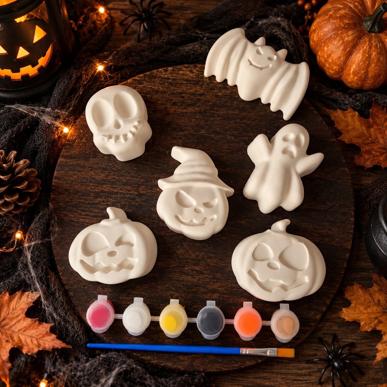 Halloween DIY schilderpakket – 6 gipsfiguren + 6 kleuren ver, Overige thema's, Nieuw, Ophalen of Verzenden, Knutselwerk