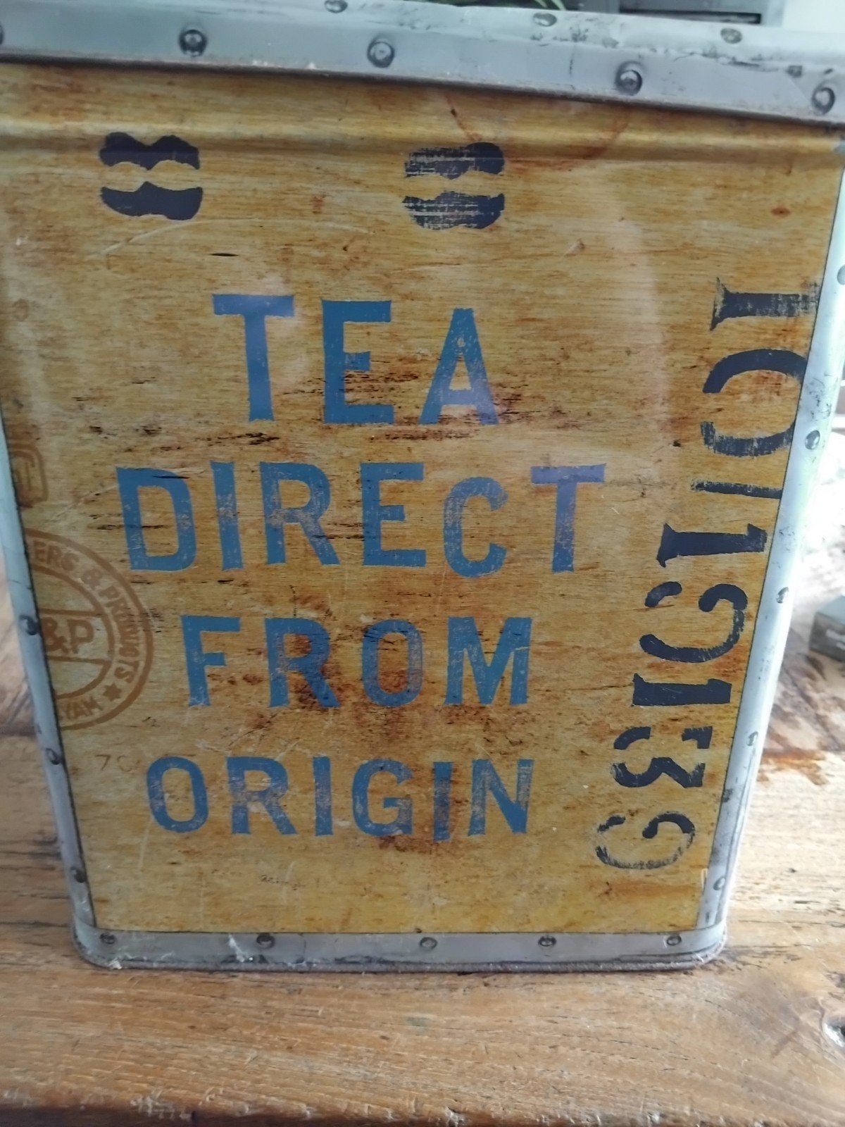 Vintage blikken theekist - 'Tea Direct From Origin', Antiek en Kunst, Ophalen of Verzenden