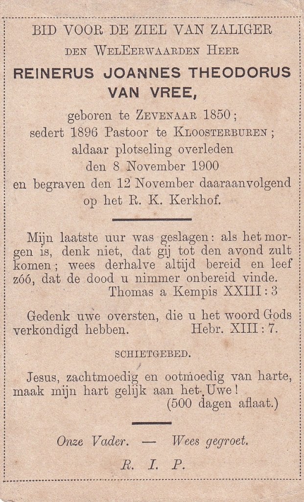 Vree Reinerus 1850 Zevenaar 1900 Kloosterburen priester, Ophalen of Verzenden, Bidprentje