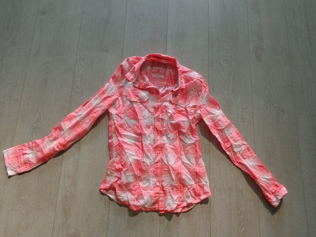 roze/wit geblokte damesblouse van Superdry, maat S, Ophalen of Verzenden, Zo goed als nieuw, Maat 36 (S), Roze