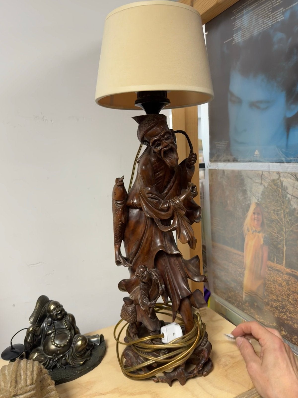 Antieke Chinese houten tafellamp met visser, Ophalen of Verzenden