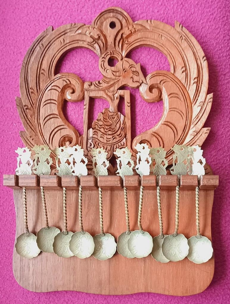 Handgesneden houten wayang lepelrek met 10 lepels, Ophalen of Verzenden