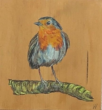 Schilderij Roodborst op gebruikt hout, Acrylverf, Hout, Ophalen of Verzenden, Dieren
