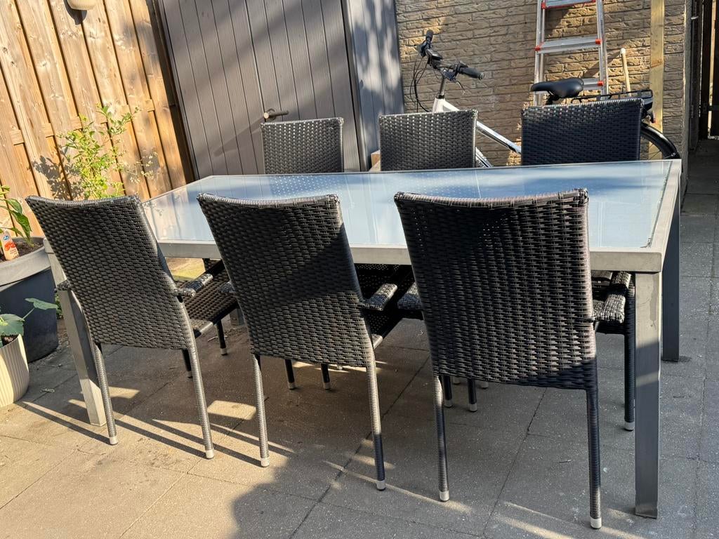 Tuintafel met 6 nieuwe wicker stoelen, Ophalen of Verzenden, Zo goed als nieuw, Wicker