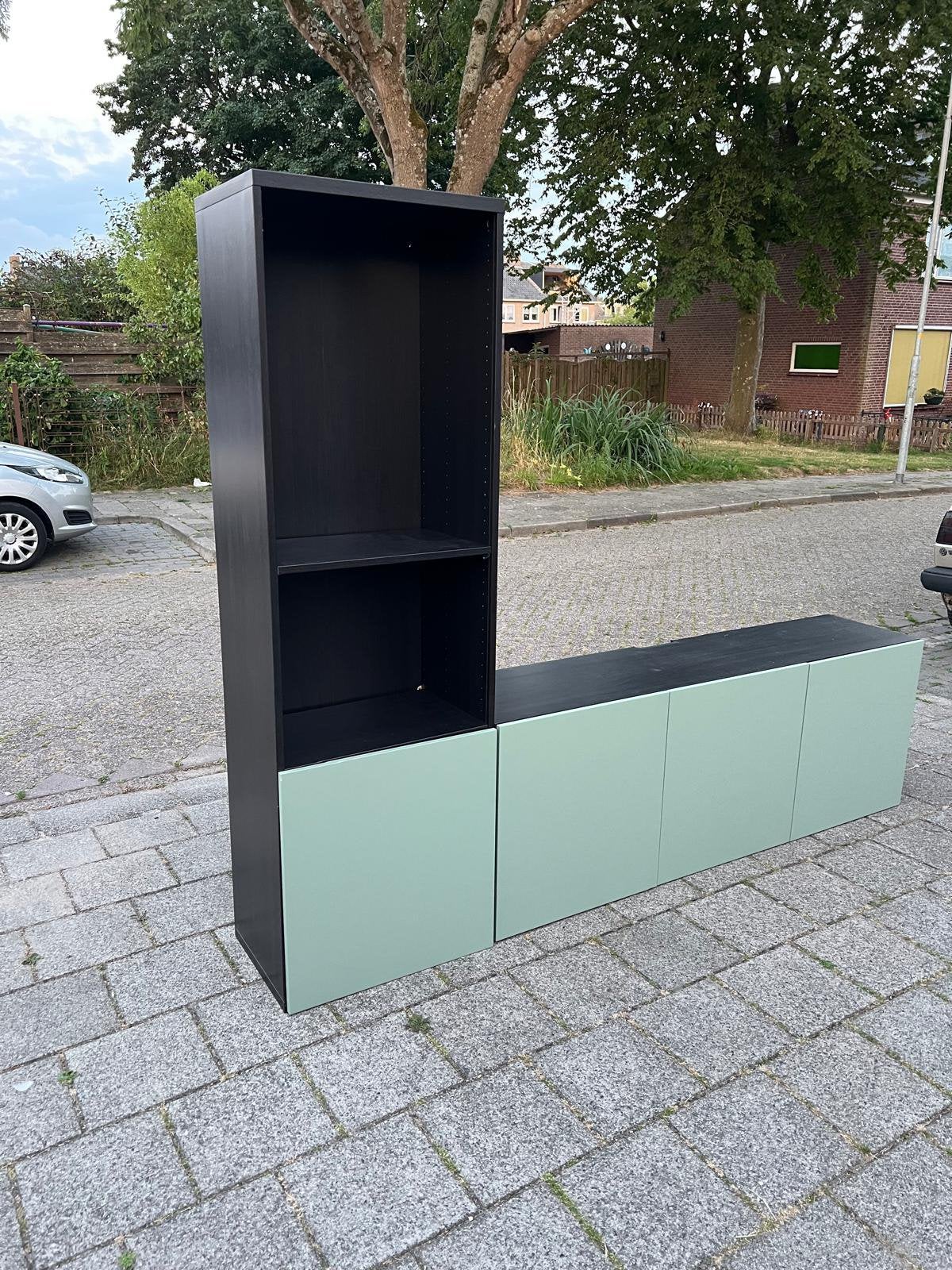 IKEA BESTÅ TV-meubel en kast zwart met groene deurtjes, Huis en Inrichting, Ophalen, Gebruikt, 200 cm of meer, 150 tot 200 cm