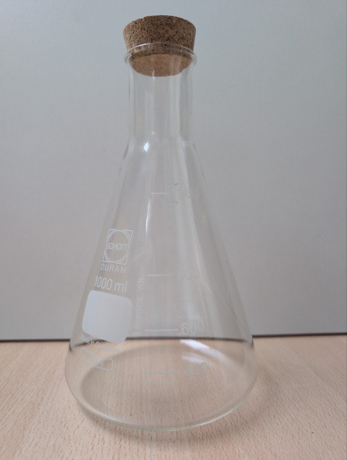 Vintage Erlenmeyer kolf 1000ml met kurk - Schott Duran, Antiek en Kunst, Ophalen of Verzenden