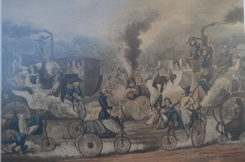 19e E. Engelse gravure:The progress of motor car 1828 Alken, Dagelijks leven, 50 cm, Ingelijst, Ophalen of Verzenden