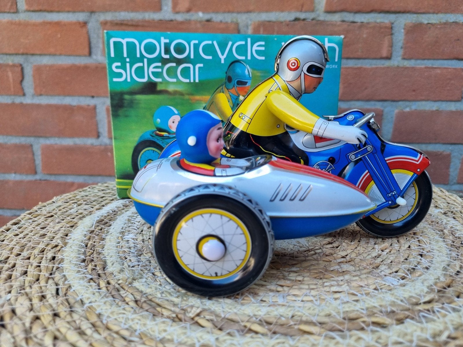 Vintage blikken motor met zijspan - Speelgoed, Ophalen of Verzenden