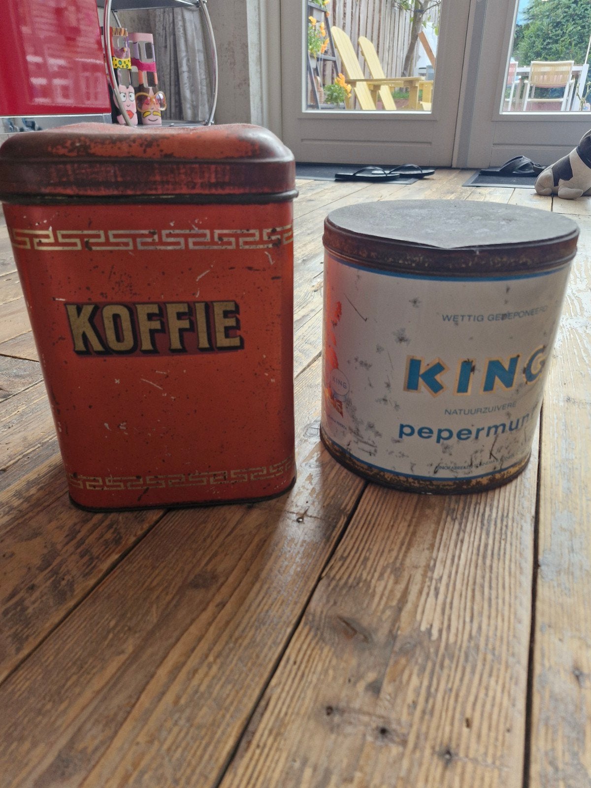Twee grote vintage brocante blikken: King pepermunt en Koffi, Ophalen of Verzenden, Gebruikt, Overige