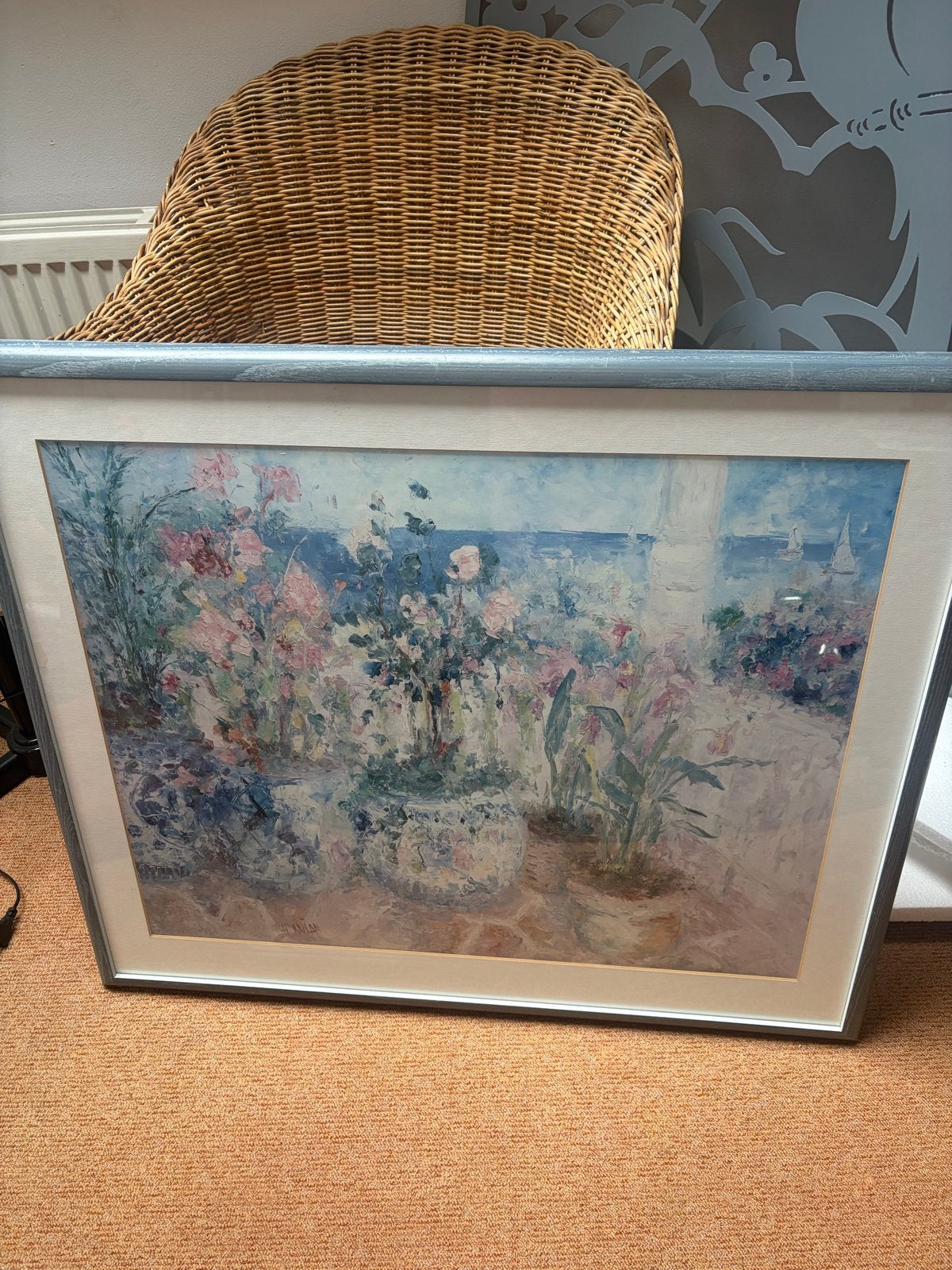 Schilderij met bloemen en zeezicht - Impressionistische stij, Antiek en Kunst, Doek, Impressionistisch, Olieverf, Ingelijst