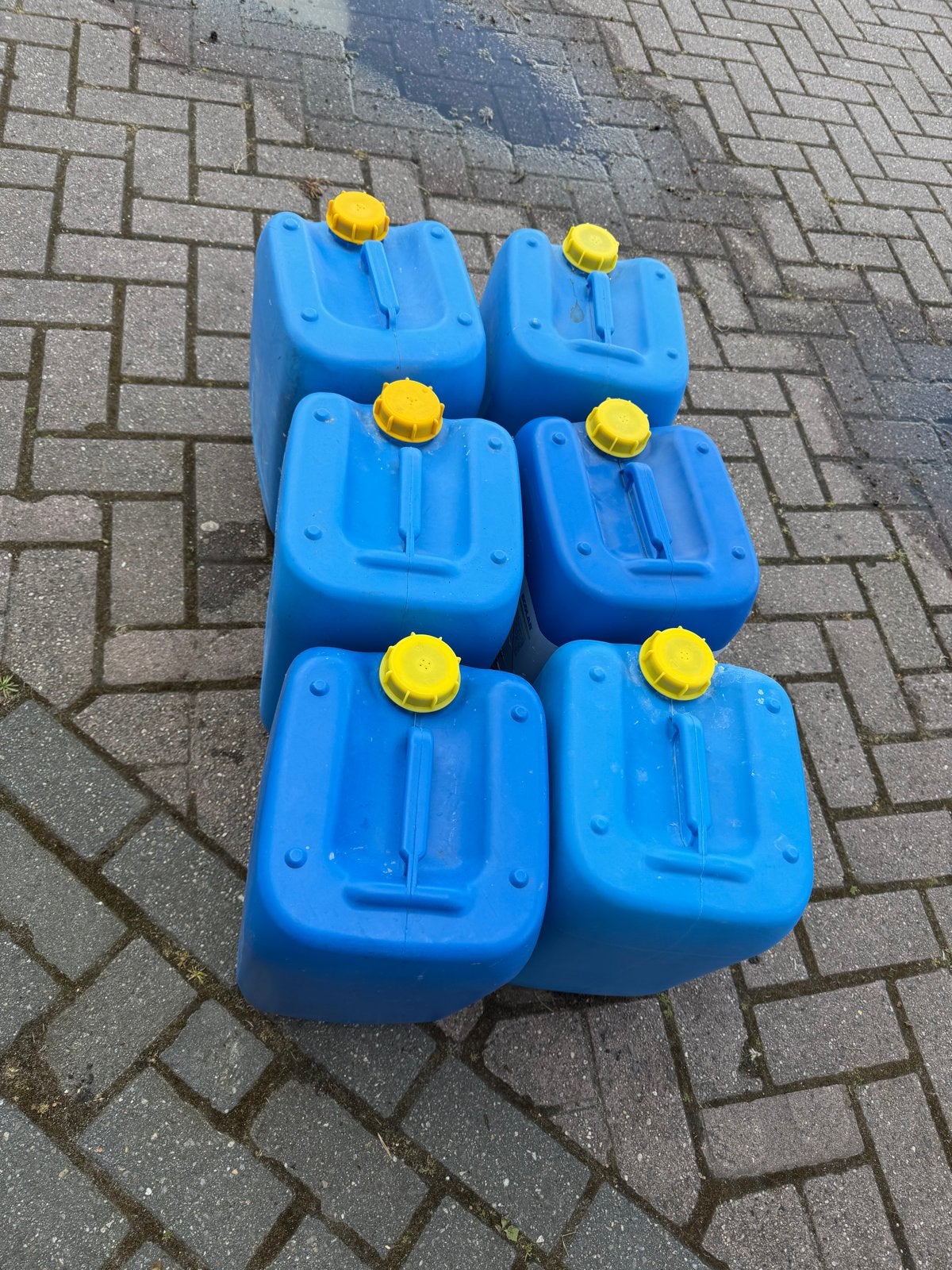 6x Blauwe Jerrycans met Gele Dop - 20 Liter, Ophalen of Verzenden, Gebruikt