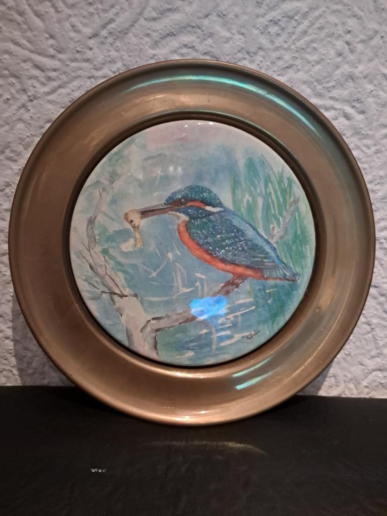 Keramieken bord met ijsvogel in messing, Ophalen of Verzenden