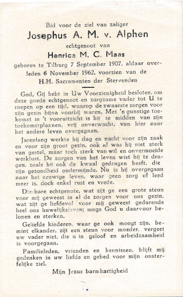 Alphen Josephus 1907 Tilburg 1962, Ophalen of Verzenden, Bidprentje